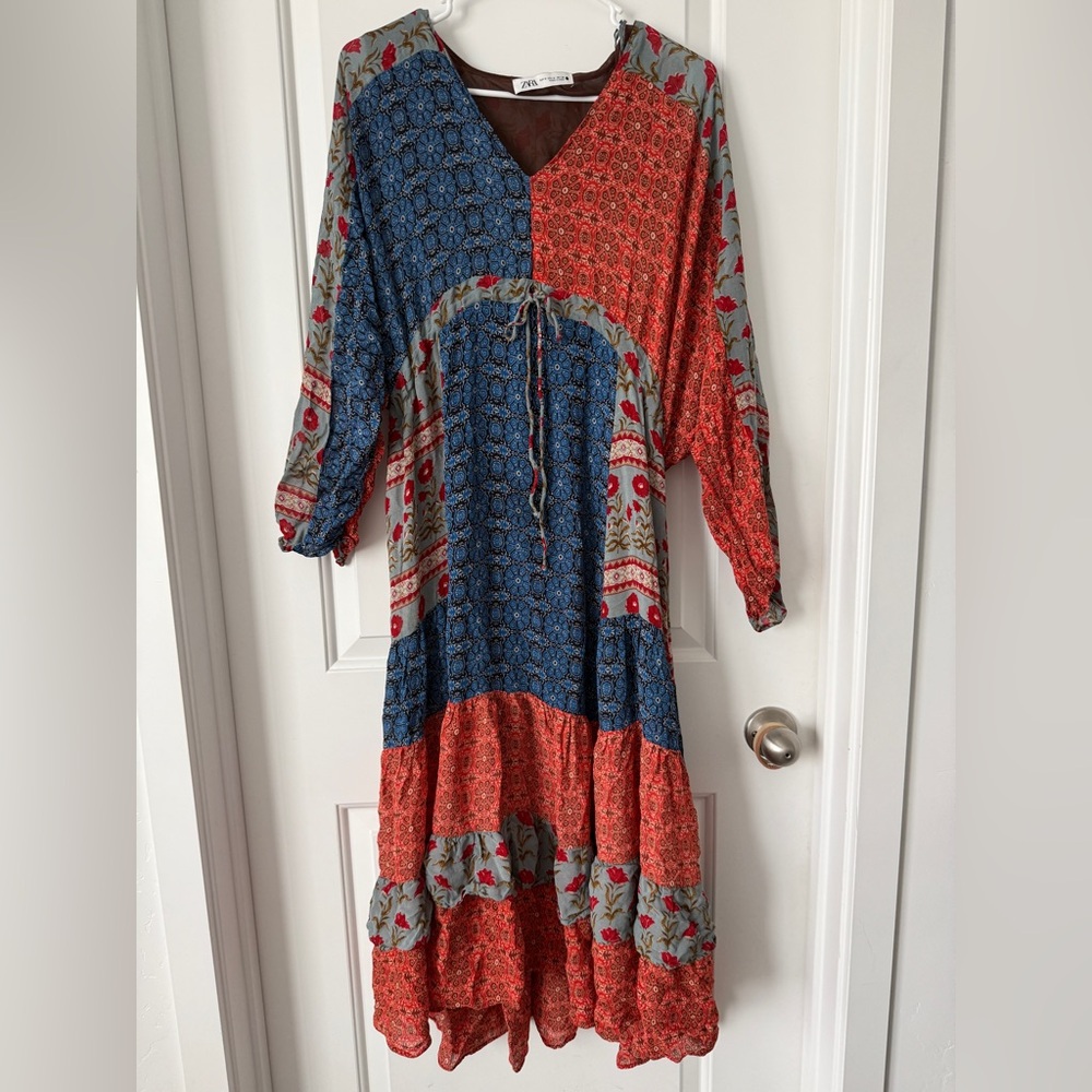 Zara Bohemian-style flowy patchwork printed midi dress size medium